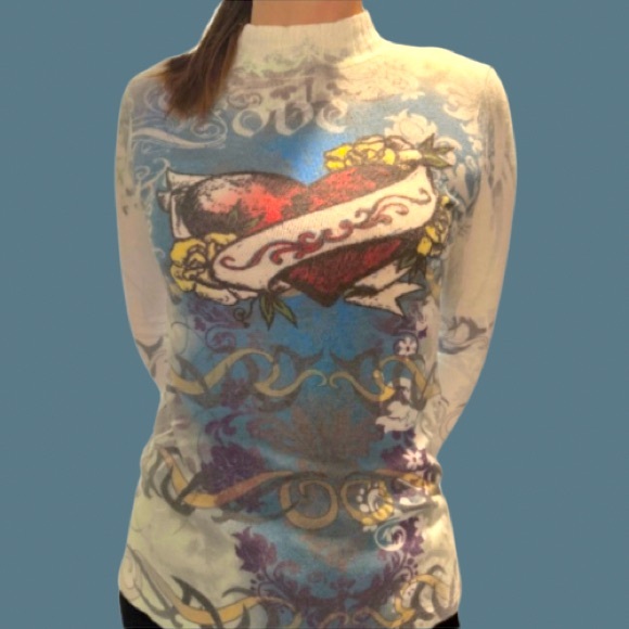 Fabulous Rare Vintage Love Heart Graphic Design Mock Neck Long Sleeve Sweater - Picture 3 of 9